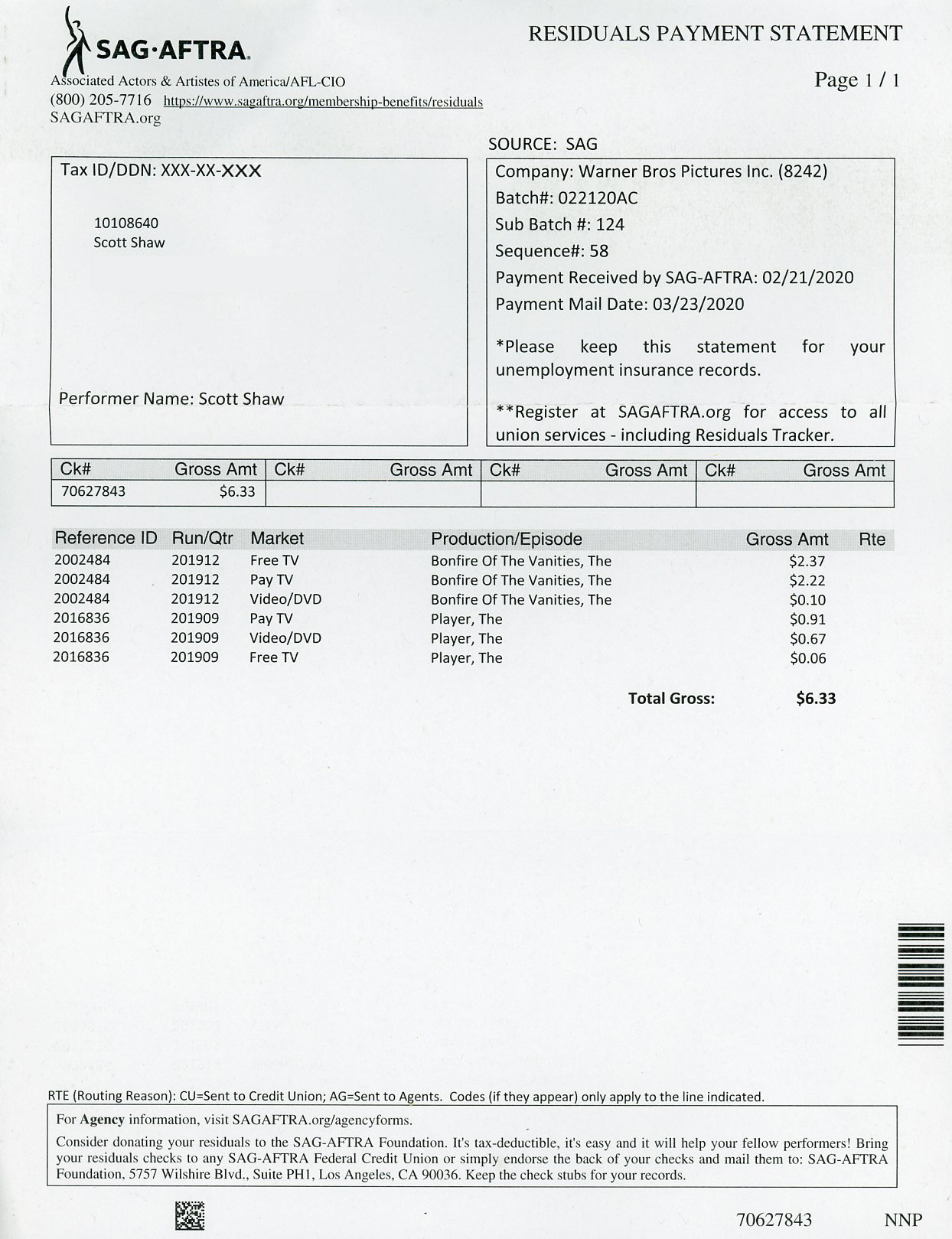  Here's one of the Big Bank SAG/Aftra residual payments I received for my particiaption in Bonfire of the Vanities and The Player. :-) 